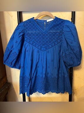 Ulla Johnson Cobalt Eyelet V-Neck Puff Sleeve Blouse Size 6